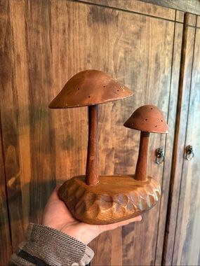 Mid Century Modern Vintage Wood Mushroom Toothpick Appetizer Holder